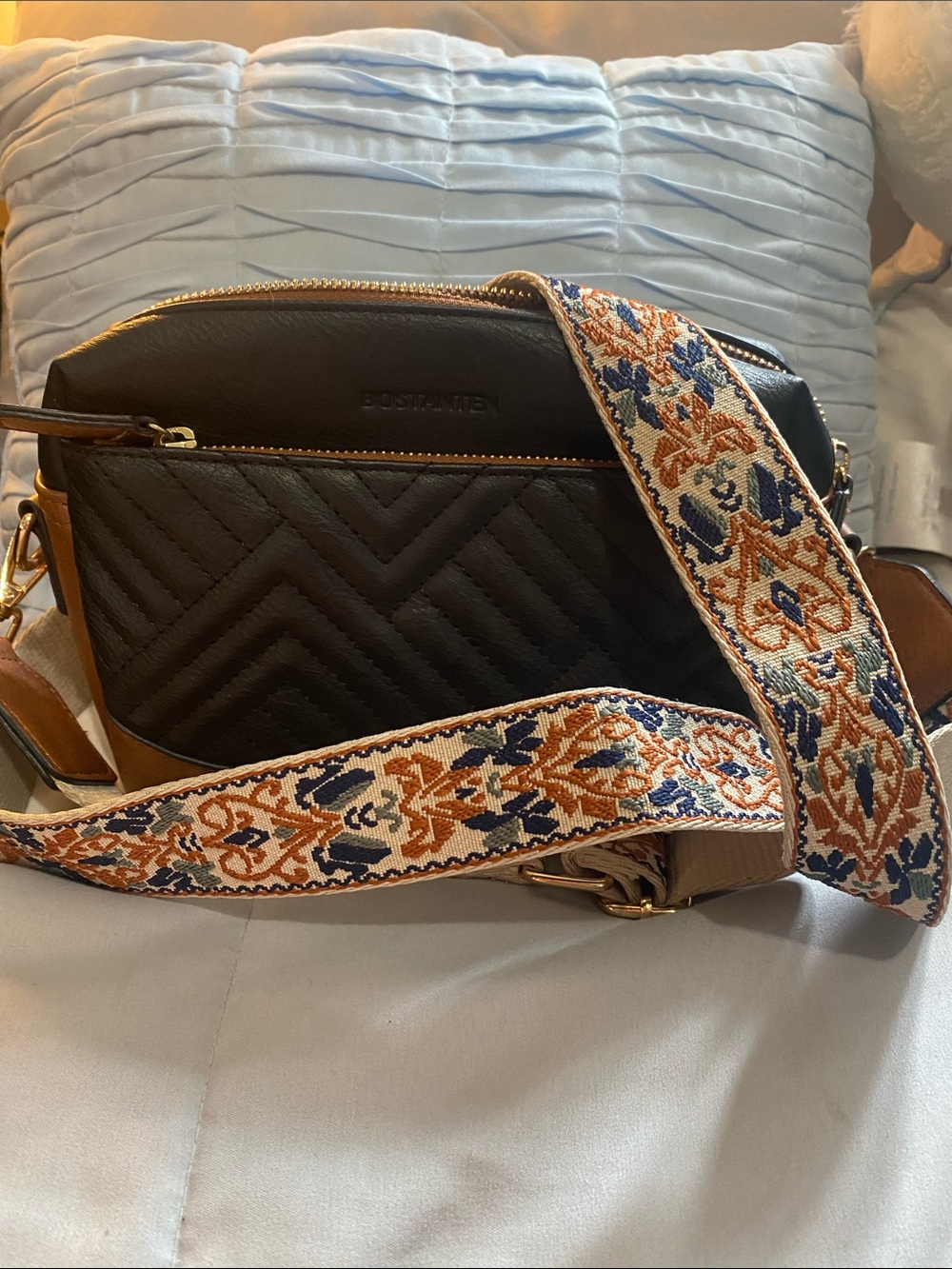 Black and Brown Quilted Crossbody Bag with Embroidered Strap